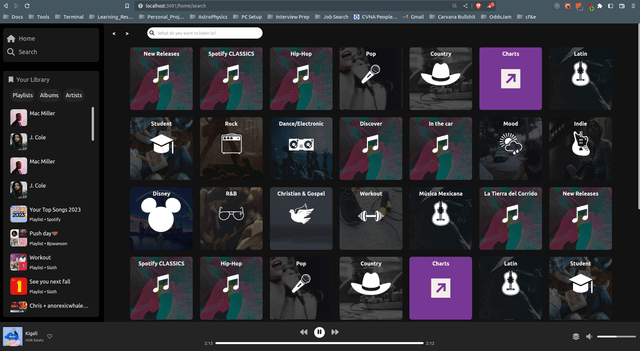 Screenshot of my mock spotify website